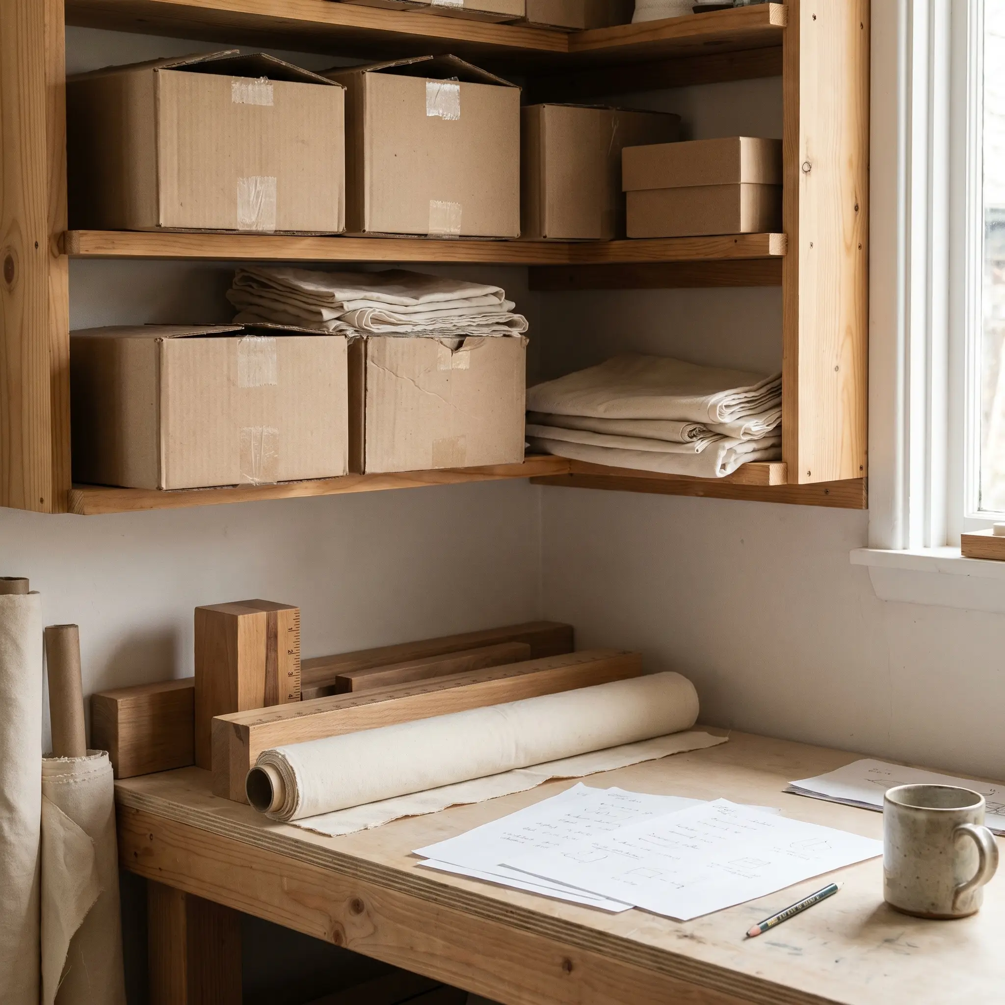 Compact studio corner with shelves, measuring blocks, cotton cloth, and paper marks