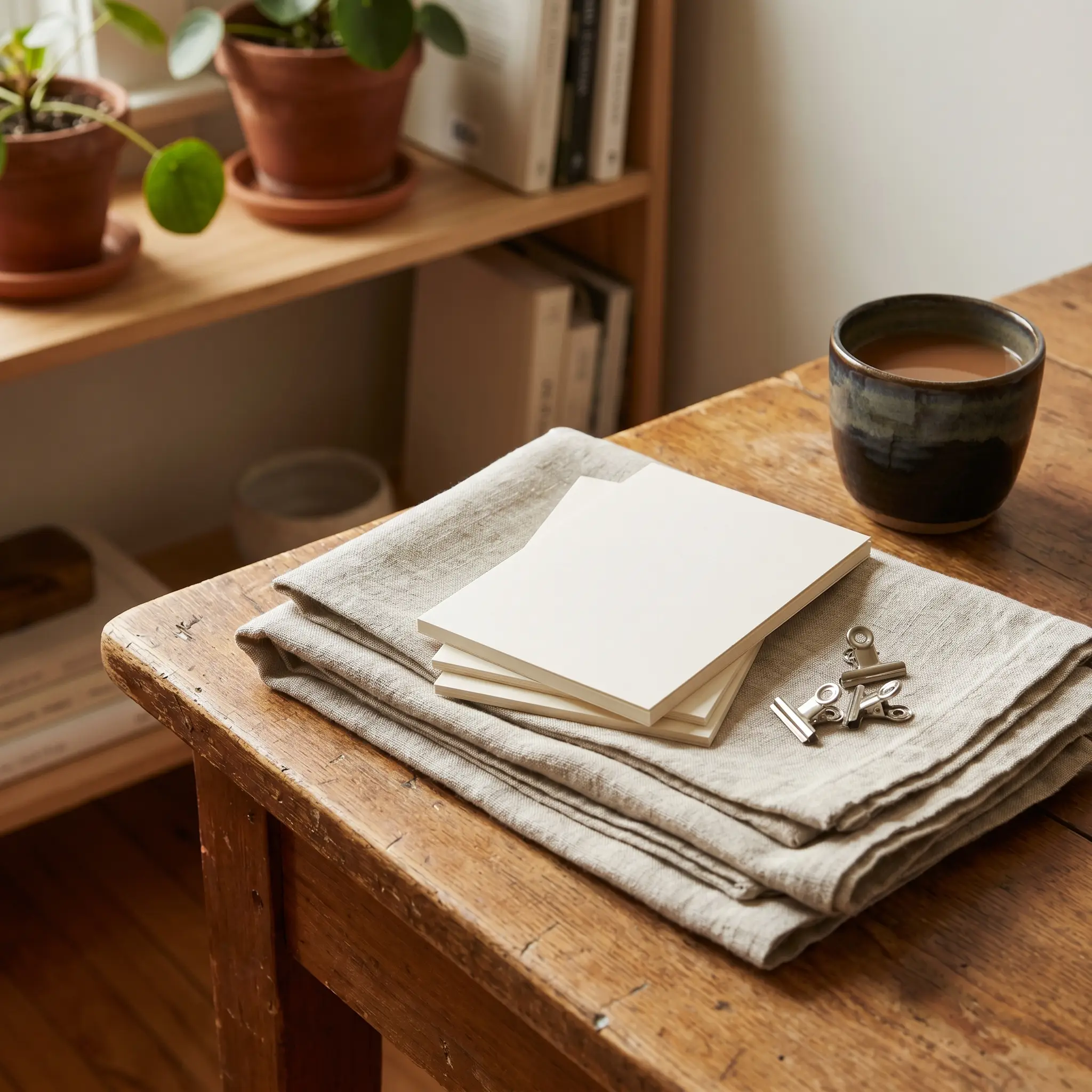 Desk edge with blank note cards, alignment clips, ceramic cup, and folded linen