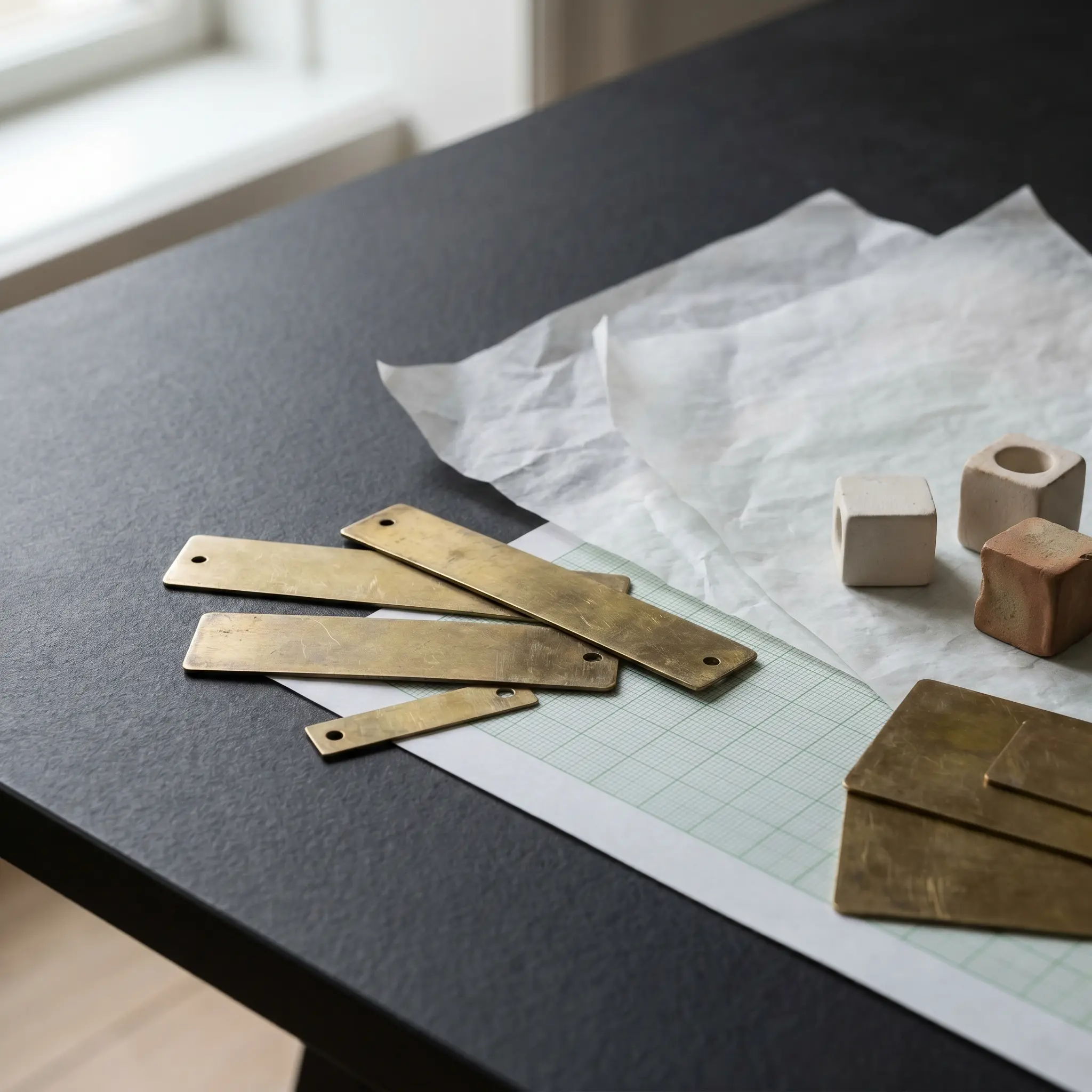 Macro tabletop study with shims, tracing paper, and alignment blocks